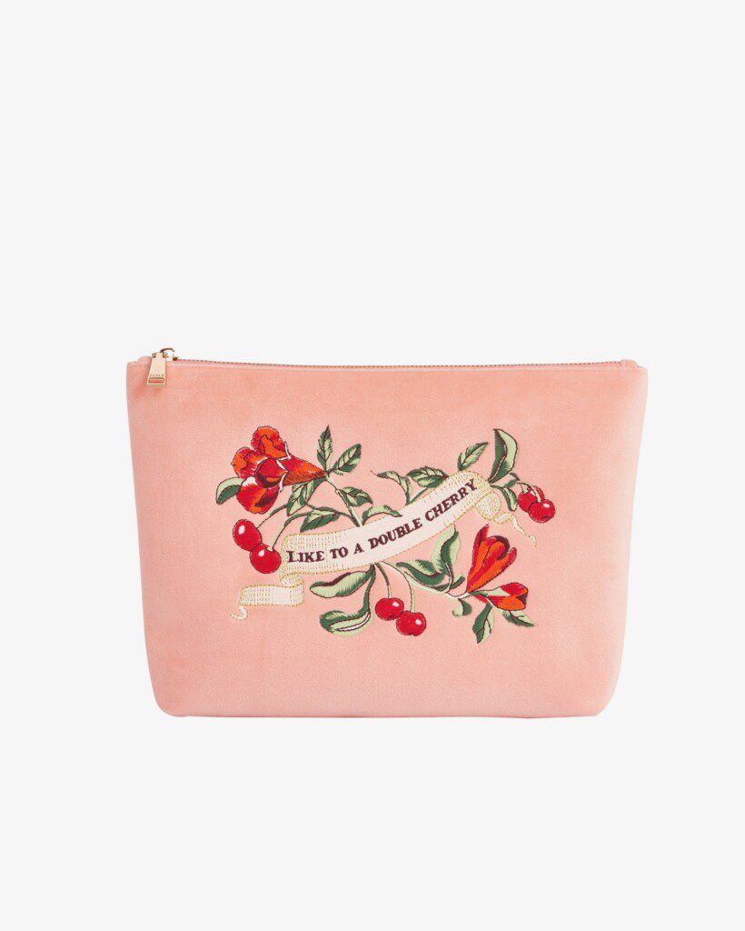 Midsummer Dream Cherry Embroidered Peach Velvet Pouch